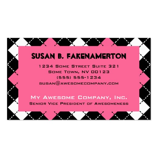 Pink Black and White Argyle Print Business Card Templates (front side)