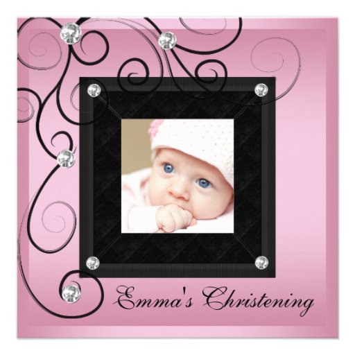 Pink Black Baby Girl Photo Christening Invitations