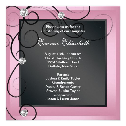 Pink Black Baby Girl Photo Christening Invitations