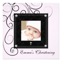 Pink Black Baby Girl Photo Christening Invitations