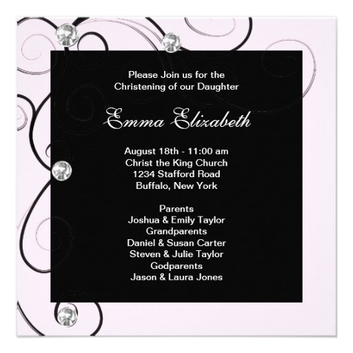 Pink Black Baby Girl Photo Christening Invitations