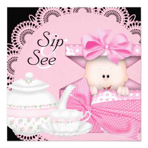 Pink Black Baby Girl Sip & See Invitations