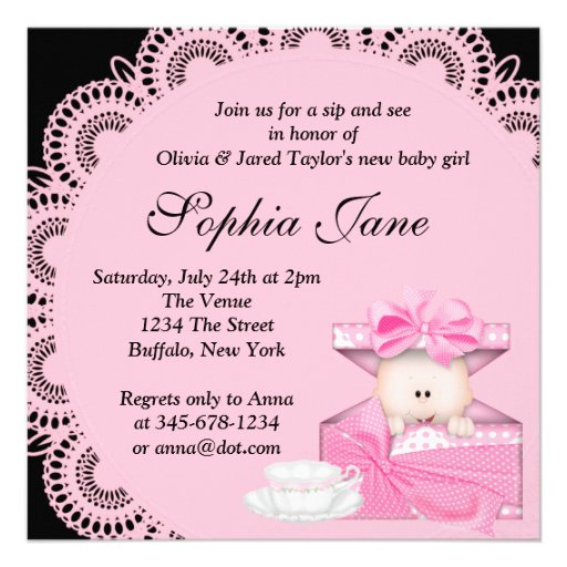 Pink Black Baby Girl Sip & See Invitations