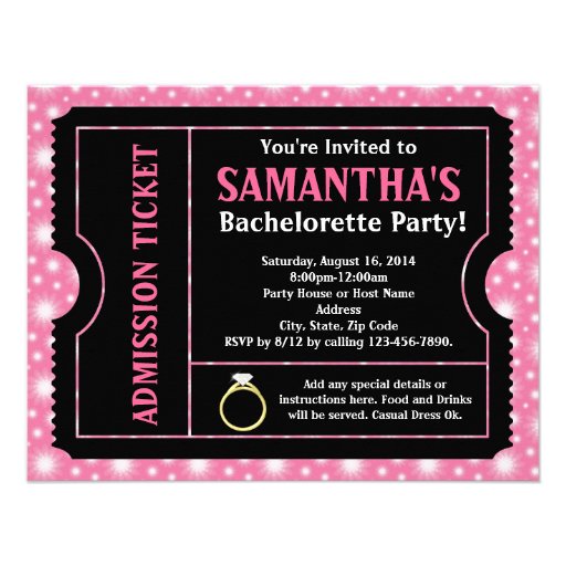Pink/ Black Bachelorette Party Ticket Invitation (front side)