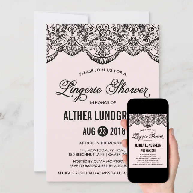 Pink Black Brocade Lace Lingerie Shower Invite Zazzle