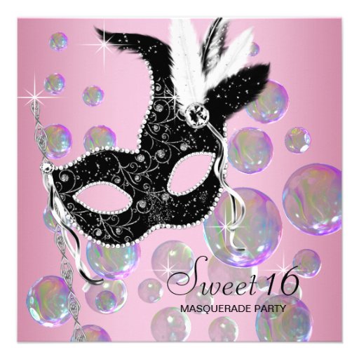 Pink Black Bubbles Sweet Sixteen Masquerade Party Custom Invite