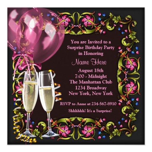 Pink Black Champagne Balloons Surprise Party Custom Announcement
