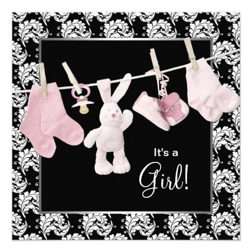 Pink Black Clothesline Baby Girl Shower Invite