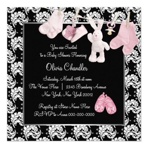 Pink Black Clothesline Baby Girl Shower Invite