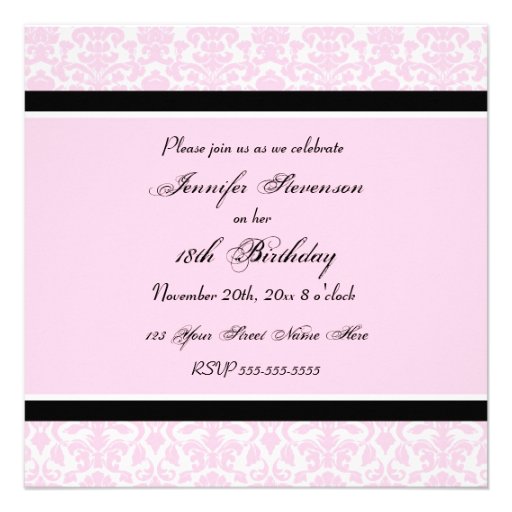 Pink Black Damask 18th Birthday Party Invitations