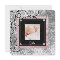 Pink Black Damask Baby Girl Photo Birth Custom Announcements