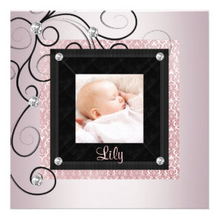 Pink Black Damask Baby Girl Photo Birth Announcements