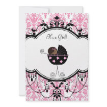 Pink Black Damask Baby Girl Shower Invitations
