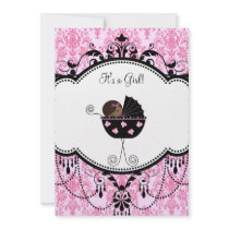 Pink Black Damask Baby Girl Shower Invitations