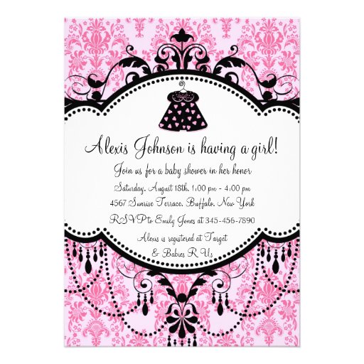 Pink Black Damask Baby Girl Shower Invitations