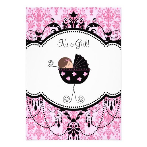 Pink Black Damask Baby Girl Shower Invitations