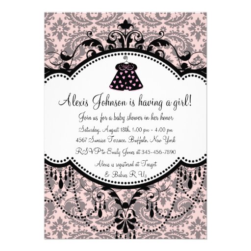 Pink Black Damask Baby Girl Shower Invitations