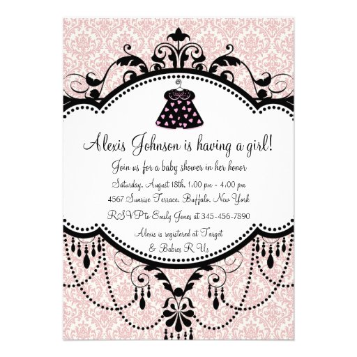 Pink Black Damask Baby Girl Shower Invitations