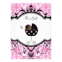 Pink Black Damask Baby Girl Shower Invitations