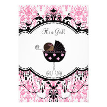 Pink Black Damask Baby Girl Shower Invitations