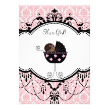 Pink Black Damask Baby Girl Shower Invitations
