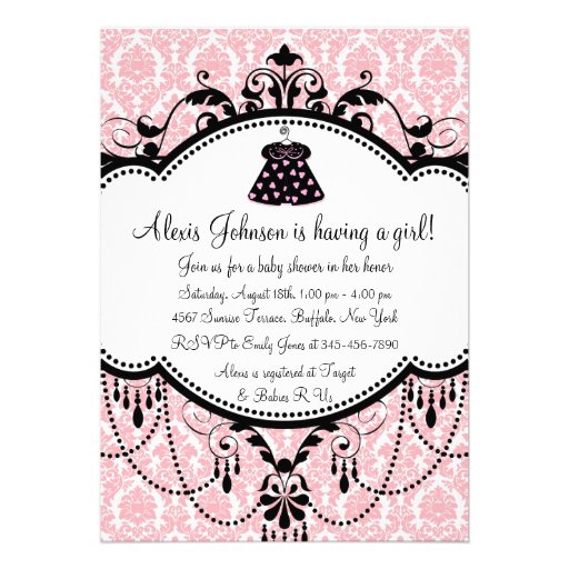 Pink Black Damask Baby Girl Shower Invitations