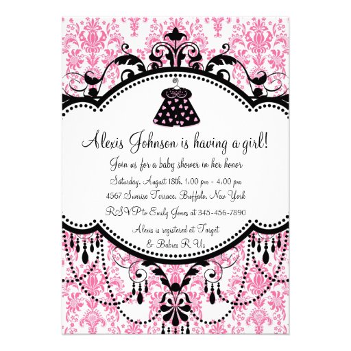 Pink Black Damask Baby Girl Shower Invitations