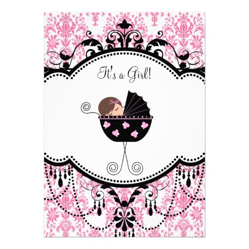 Pink Black Damask Baby Girl Shower Invitations