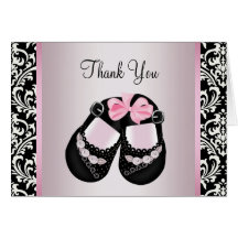 Pink Black Damask Baby Girl Shower Thank You Greeting Card