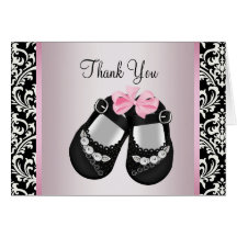 Pink Black Damask Baby Girl Shower Thank You Cards