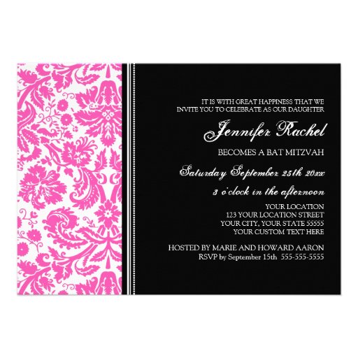 Pink Black Damask Bat Mitzvah Invitations