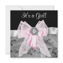 Pink Black Damask Bow Baby Girl Shower Custom Invites