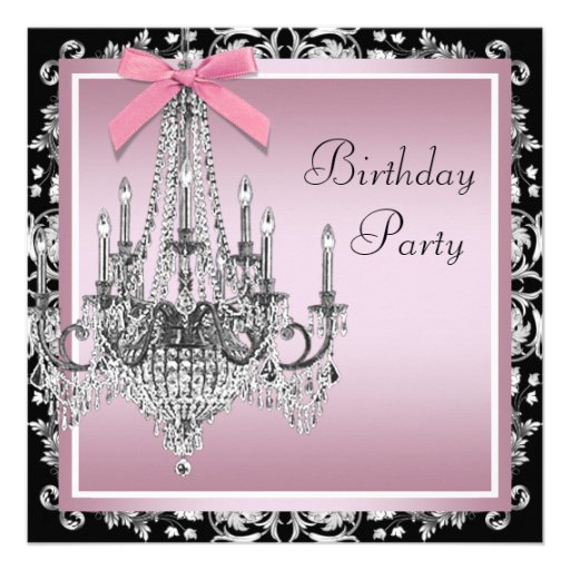 Pink Black Damask Chandelier Birthday Party Personalized Announcements