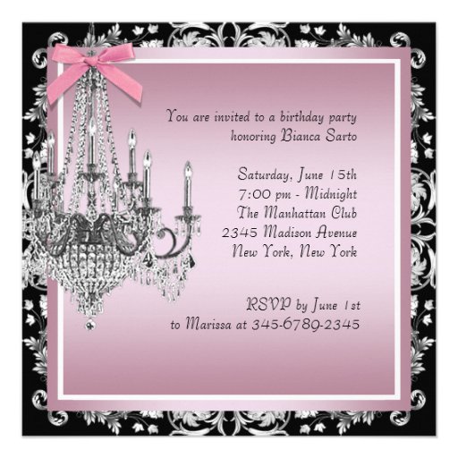 Pink Black Damask Chandelier Birthday Party Personalized Announcements
