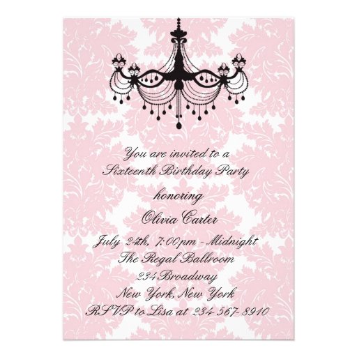 Pink Black Damask Chandelier Sweet Sixteen Birthda Invites