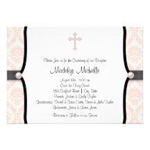 Pink Black Damask Christening Custom Invitations