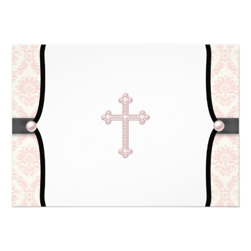 Pink Black Damask Christening Custom Invitations