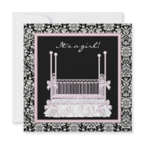 Pink Black Damask Crib Baby Girl Shower Personalized Invitations