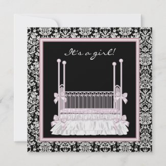 Pink Black Damask Crib Baby Girl Shower Personalized Invitations