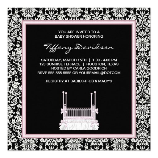 Pink Black Damask Crib Baby Girl Shower Personalized Invitations