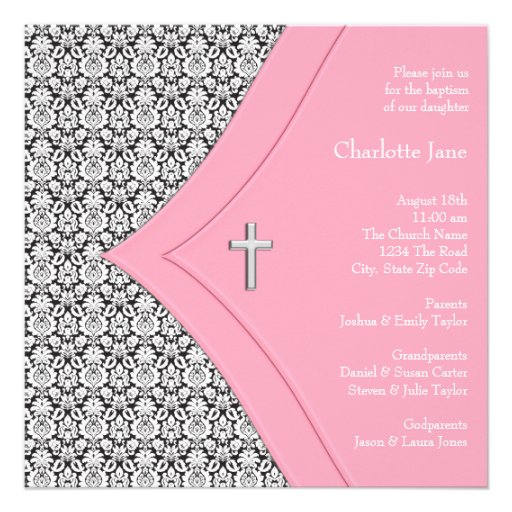 Pink Black Damask Cross Girl Baptism Christening Personalized Announcements