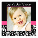 Pink Black Damask Girls Photo 1st Birthday Party Invitation