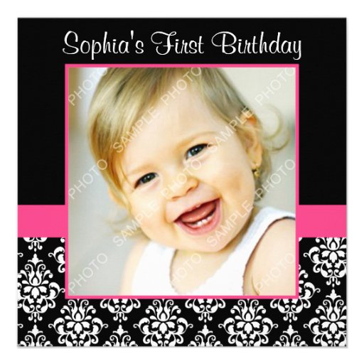 Pink Black Damask Girls Photo 1st Birthday Party Invitation