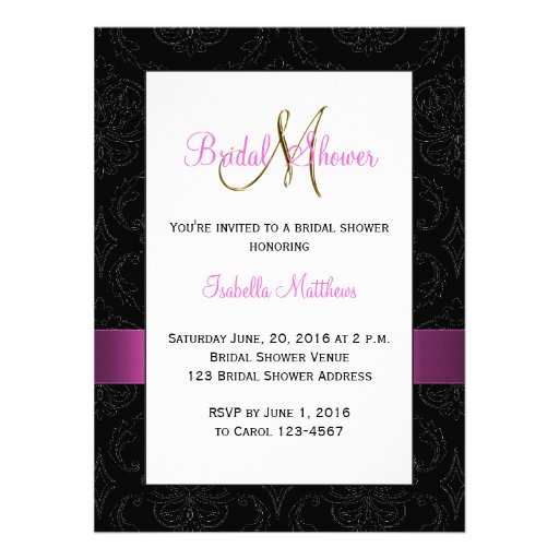 Pink Black Damask Gold Initial Bridal Shower Custom Invites
