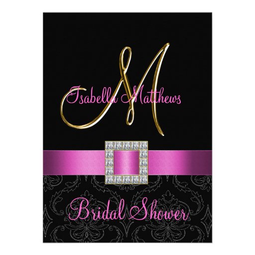 Pink Black Damask Gold Initial Bridal Shower Custom Invites (front side)