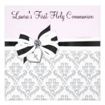 Pink Black Damask Heart Cross First Communion Announcement