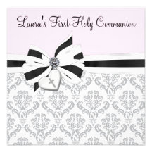 Pink Black Damask Heart Cross First Communion Announcement