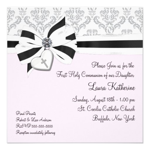 Pink Black Damask Heart Cross First Communion Announcement