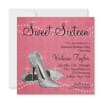 Black  Pink Heels on Pink Black Damask High Heels Sweet 16 Party Personalized Invites From