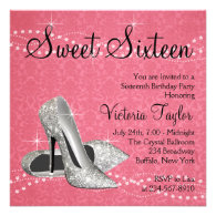 Pink Black Damask High Heels Sweet 16 Party Personalized Invites